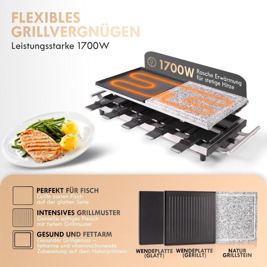 PEAM 2-in-1 Raclette Grill Voor 10 Personen Met Stenen Plaat en Grillplaat Antiaanbaklaag Warmte-isolerende Handgrepen Traploze Thermostaat 1700 Watt Roestvrij Staal PC-RG 1144 Energieklasse B