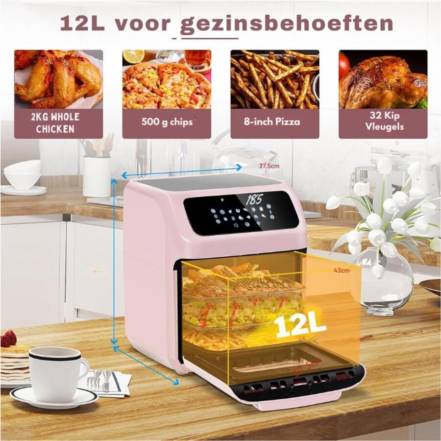 PEAM Heteluchtfriteuse 12L 1800W Multifunctionele Mini-Oven 12 Voorgeprogrammeerde Functies Inclusief Accessoires En Receptenboek