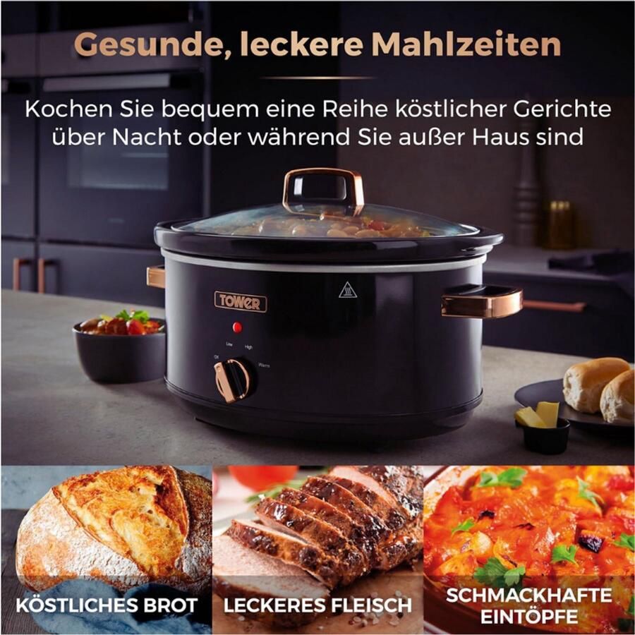 PEAM Infinity Slowcooker 6.5L 270W 3 Kookstanden Warmhoudfunctie Zwart En Roségoud Huishoudelijke Apparaten