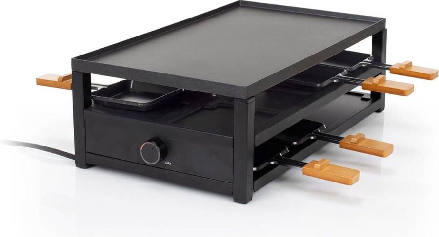 Raclette Grill Zwart Staal 8 Personen Parkeerdek Voor Pannetjes Groot Kookoppervlak 44 x 25 cm Regelbare Thermostaat 1300 Watt