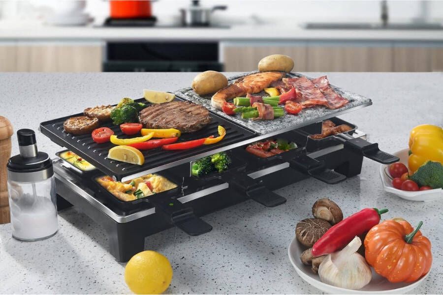 BOG SYCK G092 4 in 1 Raclette Grill Pannenkoekenplaat en Baksteen Voor 8 Personen Antiaanbaklaag 1500 W Kaas & Steen
