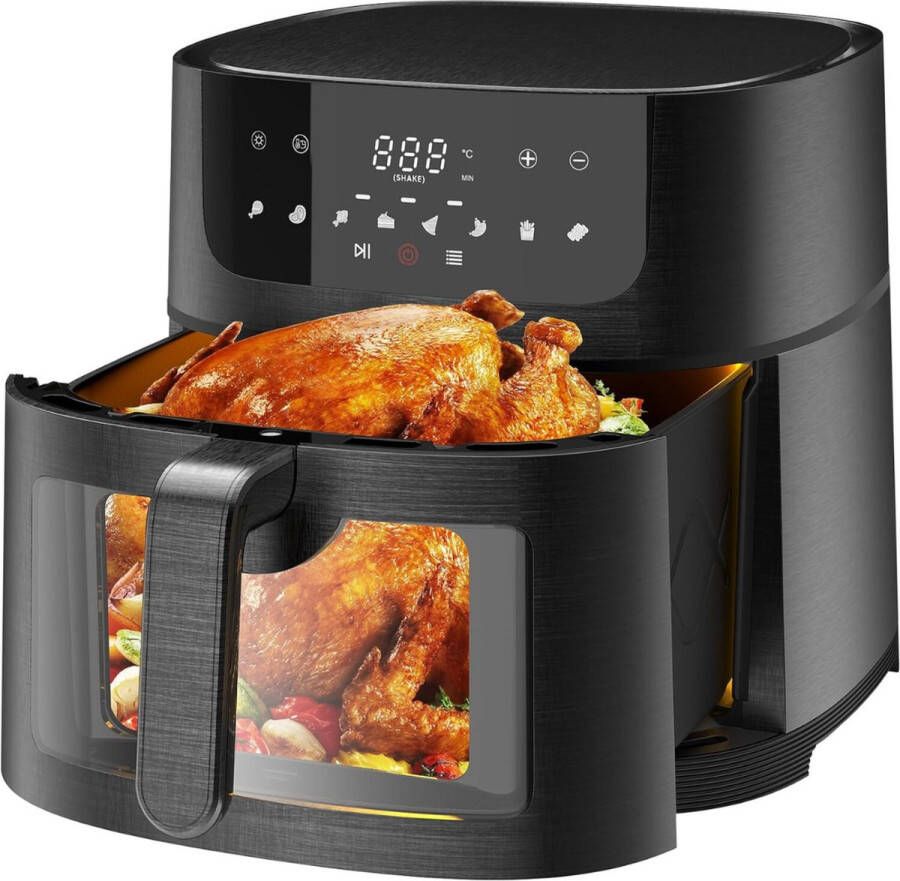 PEAM XXL Heteluchtfriteuse 9L – Air Fryer met Groot Kijkvenster Digitaal LED-Touchscreen 8 Programma's Shake-Modus 1800W & Receptenboek