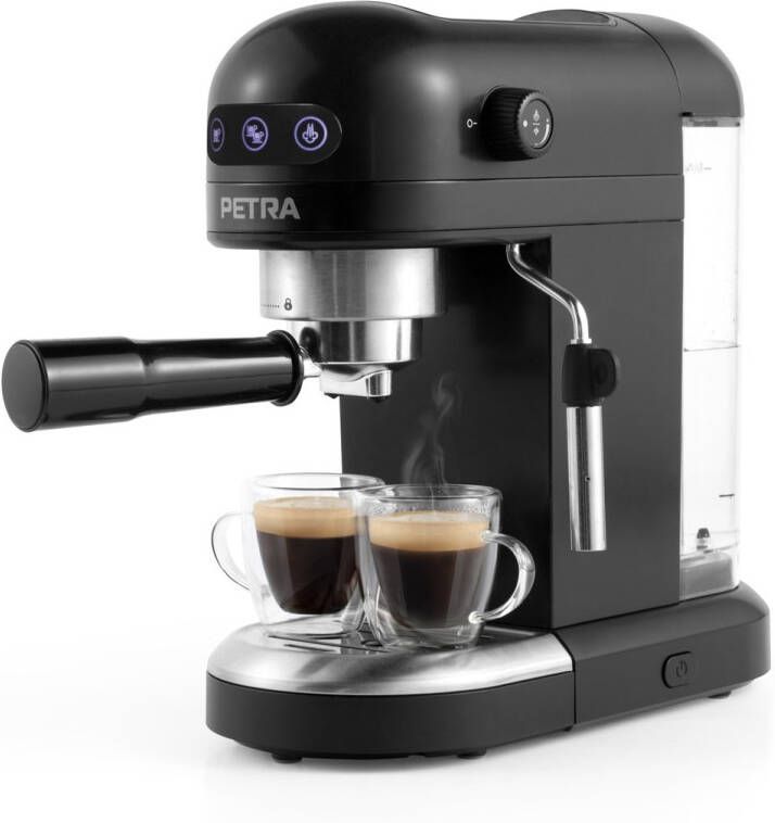 Petra PT5240 Espresso Koffiezetapparaat Met Melkopschuimer 1 4L Barista Stijl Enkel of Dubbel Shot Espresso Compact Met 15-Bar Italiaanse Drukpomp PFAS-vrije coating Compatibel Met Gemalen Koffie 1465W Zwart