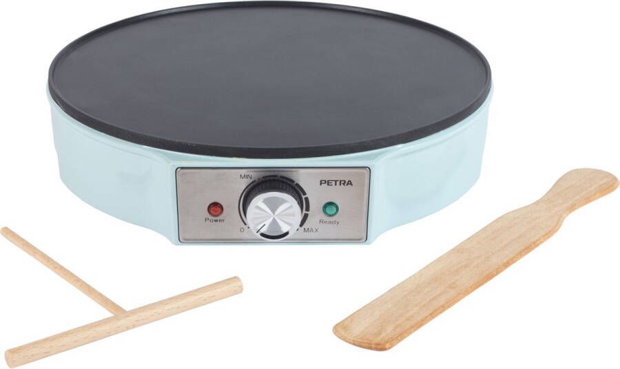 Petra Crepe Maker – Elektrische Pancake-verwarmingsplaat niet-klevend kookoppervlak grote plaat van 30 cm instelbare temperatuurregelknop slagspreider en spatel 1200 W blauw