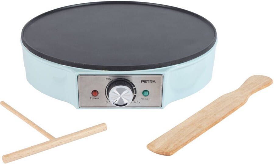 Petra Crepe Maker – Elektrische Pancake-verwarmingsplaat niet-klevend kookoppervlak grote plaat van 30 cm instelbare temperatuurregelknop slagspreider en spatel 1200 W blauw