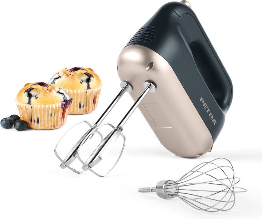 Petra Handmixer – Met deeghaken – Kloppers – Garde opzetstukken – 5 snelheden – Uitwerpfunctie – 250W – Blauw Grijs Goud