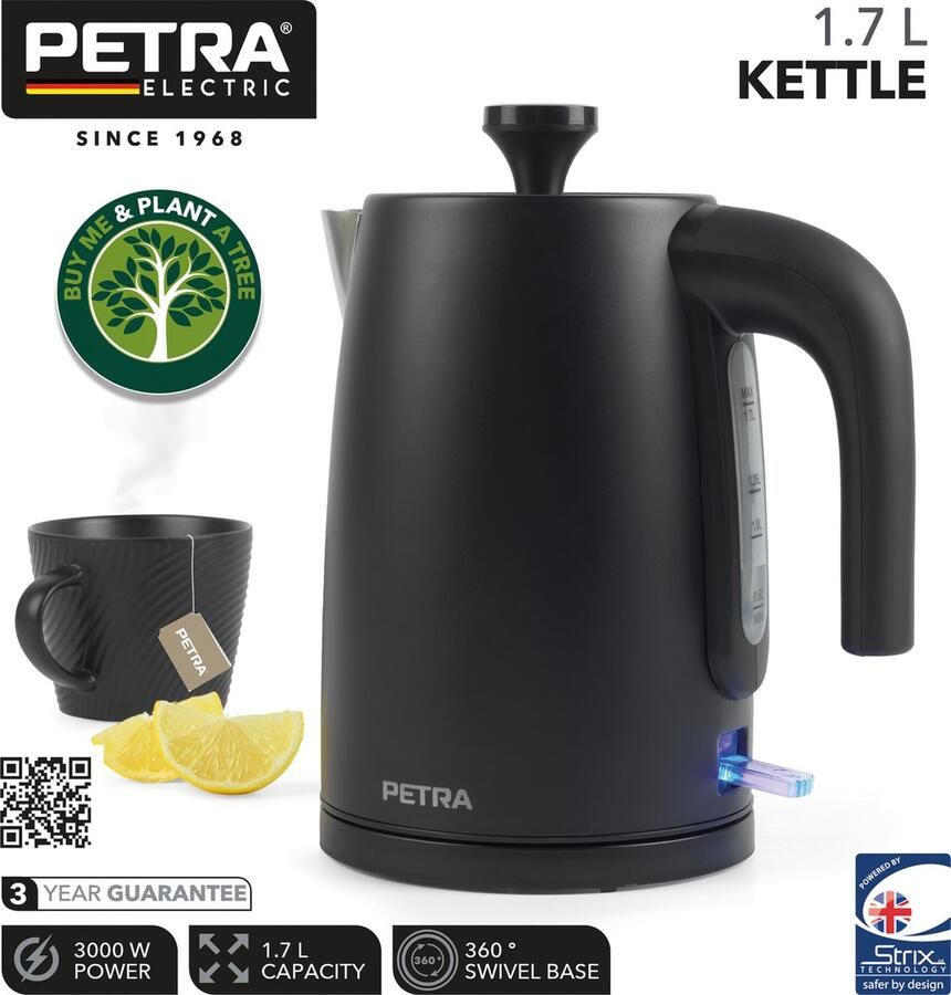 Petra electric Elektrische Petra-kan Waterkoker met snelle kookfunctie antikalkfilter draaivoet 1 7 liter 3000 W