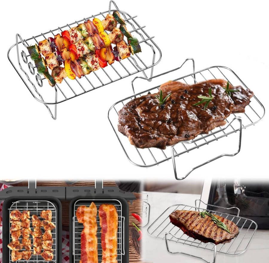 Peysaitr Airfryer-rek 2 stuks Vierkant Airfryer-grillrek RVS grill-dehydratorrek Stapelbaar Airfryer-mandje Airfryer-accessoires Oven- en vaatwasserbestendig voor Airfryer-bakken en koken zilver