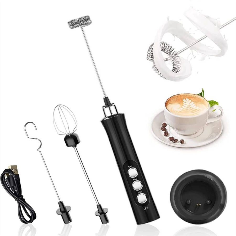 Elektrische melkopschuimer met drie gardes USB oplaadbare melkopschuimer handbediende melkopschuimer van roestvrij staal voor koffie latte cappuccino warme chocolademelk matcha