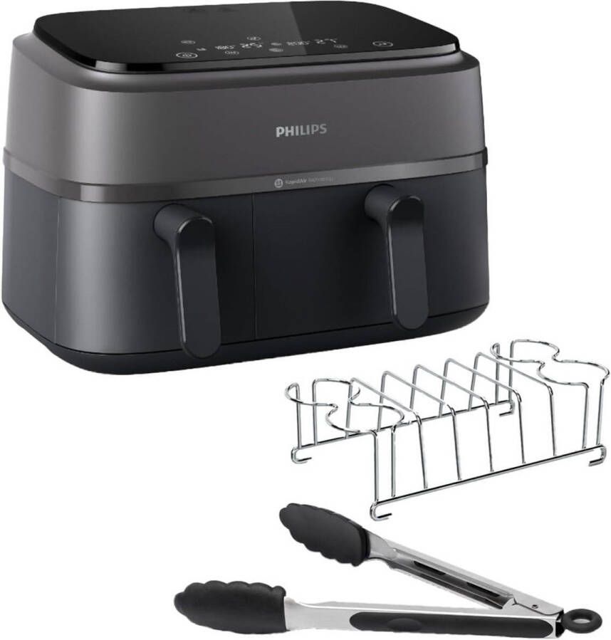 Philips 3000 Series Dual Airfryer NA350 03 Dubbele Mand 9L Tot 6 Personen Zwart Grijs Met accessoires - Foto 1