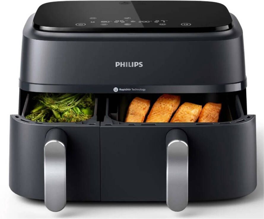 Philips 3000 Series Dual Airfryer NA351 00 Dubbele Mand 9L Tot 6 Personen Zwart Zilver