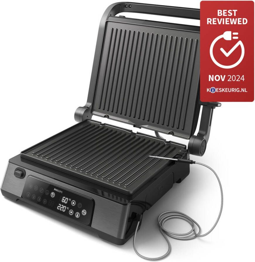 Philips Contactgrill HD6307 70 2200W – Digitaal Display Voedselthermometer Timerfunctie Uitneembare Platen 8 Programma s RVS Zwart