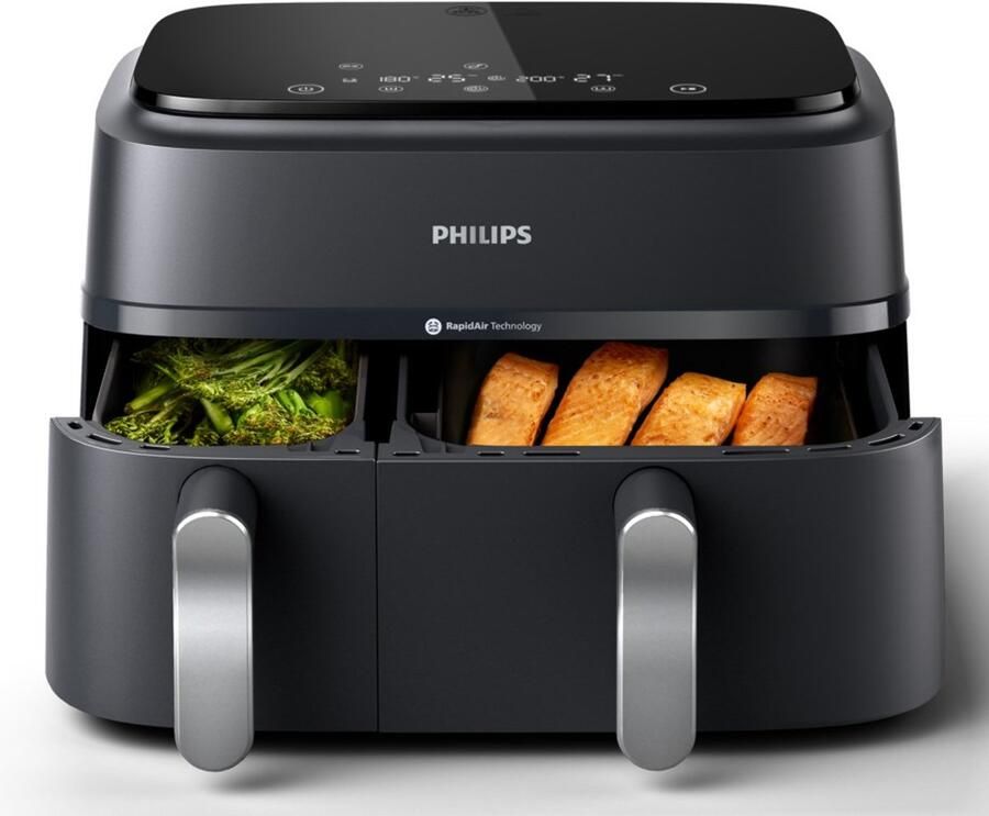 Philips 3000 Series Dual Airfryer NA351 00 Dubbele Mand 9L Tot 6 Personen Zwart Zilver