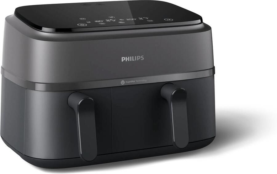 Philips 3000 Series Dual Airfryer NA350 03 Dubbele Mand 9L Tot 6 Personen Zwart Grijs Met accessoires
