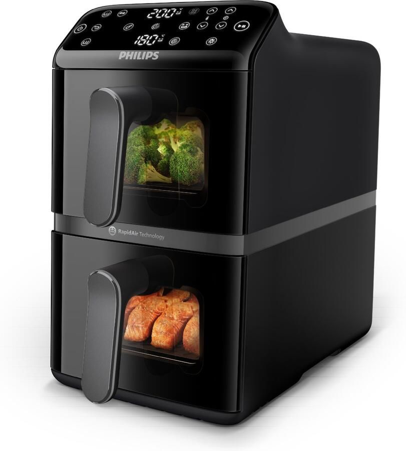 Philips 4000 Series Dual-Stacked Dubbele Airfryer – NA460 70 2 Lades (Sync) – 10 L – Tot 6 Personen – Bespaart 45% Ruimte