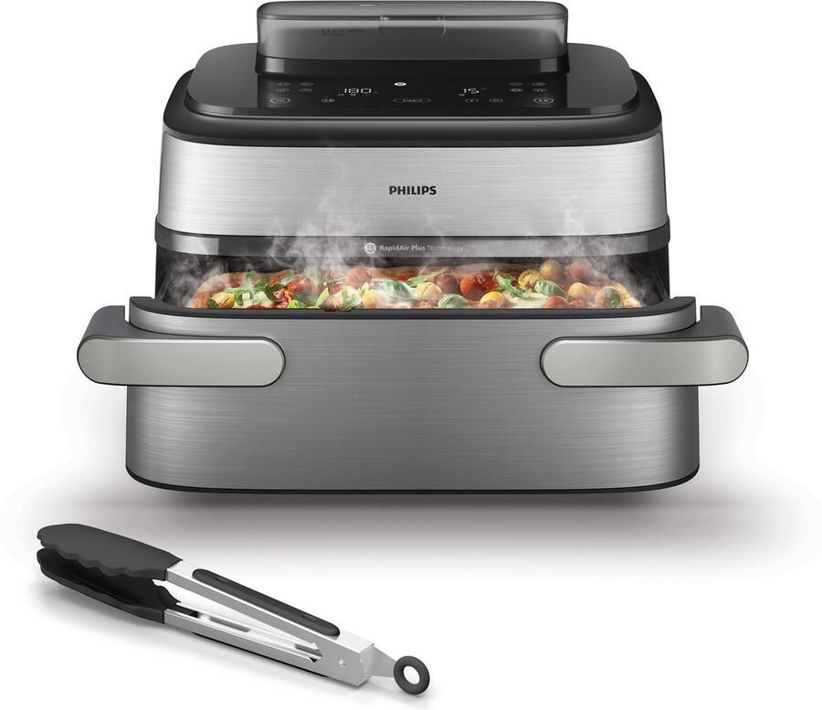 Philips Airfryer 5000-serie Megabasket Met Stoomfunctie – NA565 02 – Enkele mand óf Dubbele Mand SteamClean – 9 5L – Tot 8 Personen – Inclusief Tang