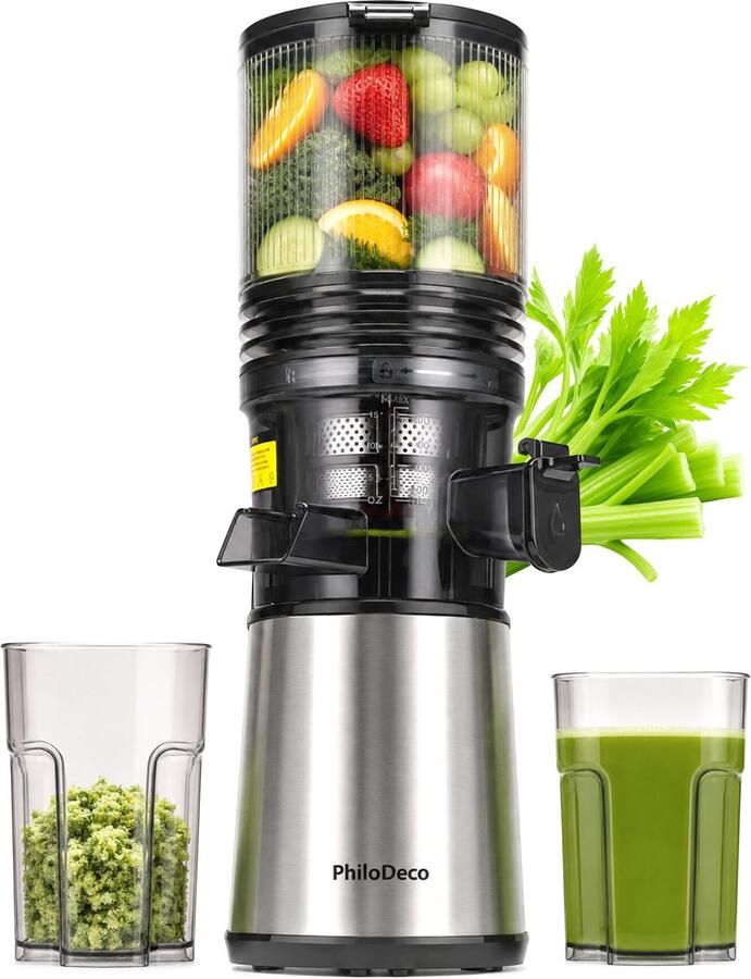 PhiloDeco JE-06 Slowjuicer Hoogwaardige Koudpers Sapcentrifuge Langzame Spiraalextractie 145mm Grote Vulopening Krachtige Stille 250W Motor Meervoudig Filtersysteem Verse Sapmaker voor Thuis