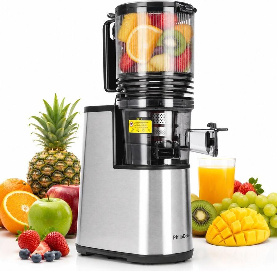 PhiloDeco JE-06 Slowjuicer Koudpers Sapcentrifuge Langzame Spiraalextractie 145mm Grote Vulopening 250W Stille Motor Sapopbrengst >90% BPA-vrij Materiaal