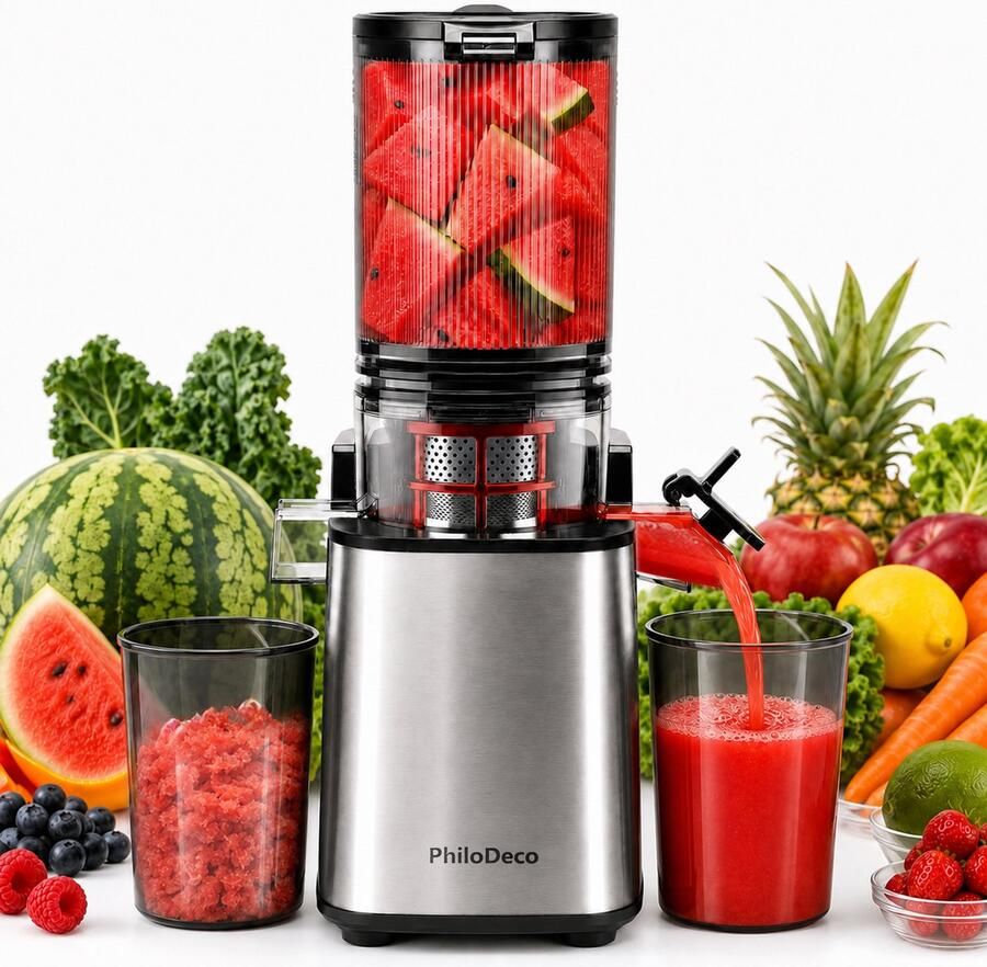 PhiloDeco Koudpersjuicer sapcentrifuge slowjuicer voor thuis-110mm extra brede vulopening-stille 250W motor-REV omkeerfunctie-eenvoudig te reinigen