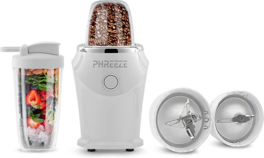 Phreeze 2-in-1 Smoothie Maker & Koffiemolen Elektrisch Blender To Go 2 Bekers (400ML & 200ML) Mini Blender Wit