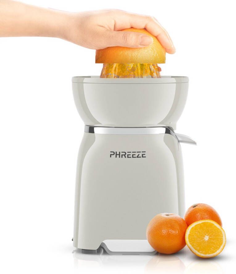 Phreeze Elektrische Citruspers met Kraan Sinaasappelpers Citroenpers & Limoenpers – Met Anti-Drup Schenktuit Pulpfilter & Pulpreservoir – Twee Perskegels – Vaatwasserbestendig