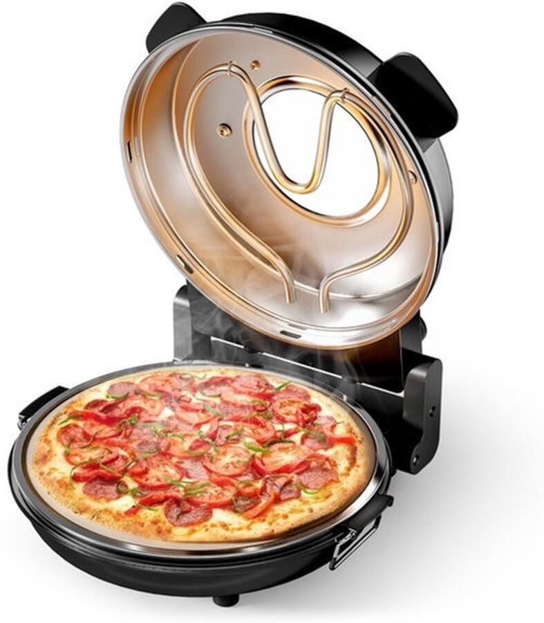 Pizzaoven Elektrisch Ø32cm Keramische Steenplaat 1200 Watt Vermogen RVS Materiaal Zwart Voor Krokante Pizza's