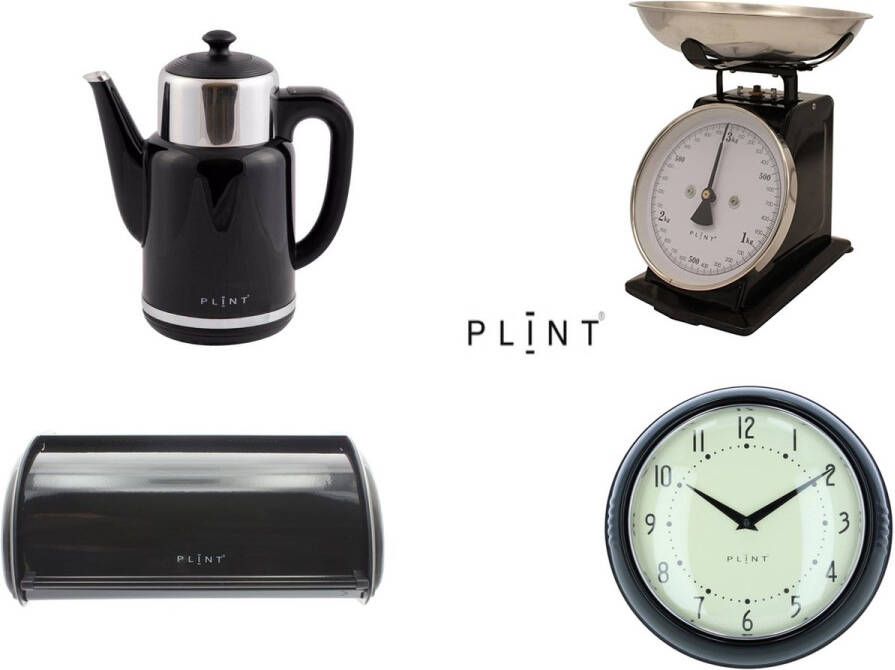 Plint A S original Zwart Luxe retro cadeau-assortiment extra voordelig Regelbare waterkoker met geintegreerde warmhoudkan retro weegschaal retro broodtrommel retro wandklok