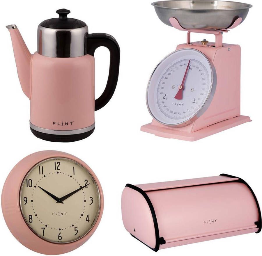 Plint A S original Roze Luxe retro cadeau-assortiment extra voordelig Regelbare waterkoker met geintegreerde warmhoudkan retro weegschaal retro broodtrommel retro wandklok