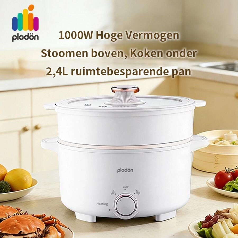 Plodon Elektrische Hotpot 2 4L – 1000W Multicooker met Stoommand – 2 Warmtestanden – Antiaanbaklaag – Compacte Kookpan voor Ramen Soep Pasta & Fondue