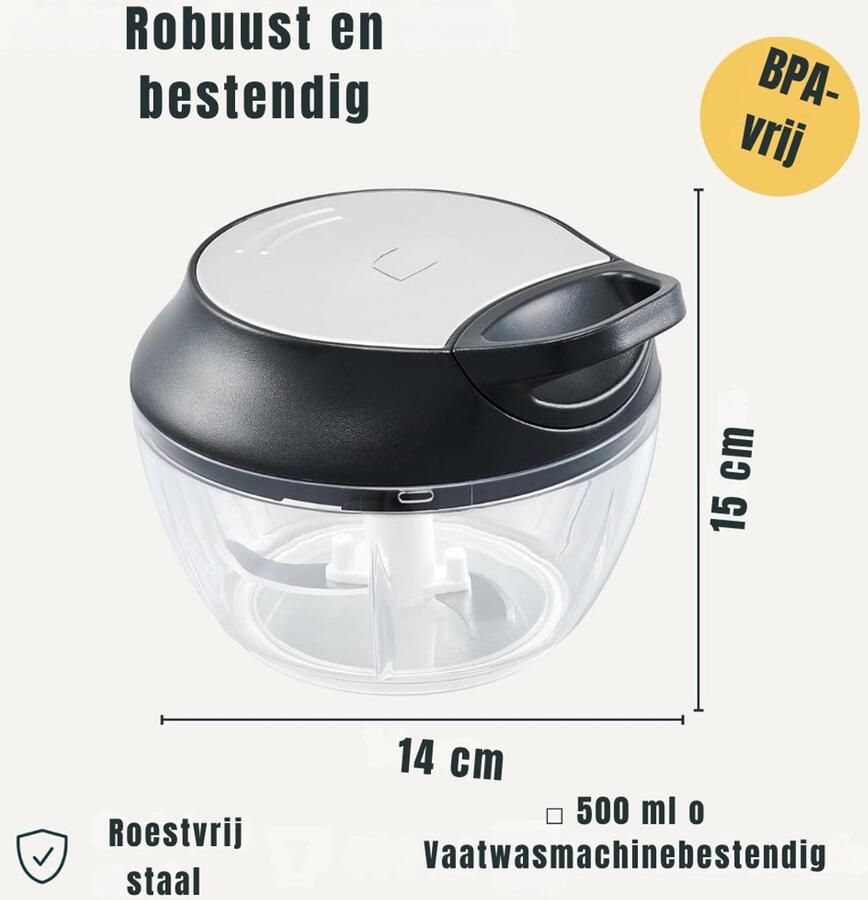 Ploutos Hakmolen Handmatige Met 3 Messen Multi-Chopper Zwart Wit 13cm x 8cm x 10cm