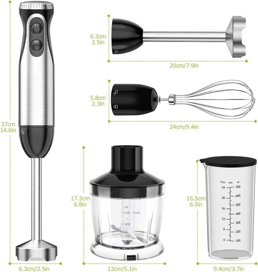 Ploutos Staafmixer Set Elektrische Staafmixer 4-in-1 Snijbeker Van 500 ml Zwart 10cm x 10cm x 37cm