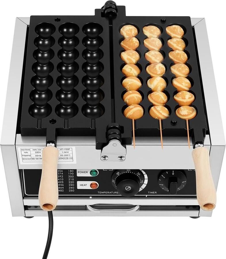 Pochcicou_UK Wafelijzer 1500 W commerciële wafel-balmaker instelbare temperatuur 50-300 °C 180 graden draaibare bakvorm roestvrij staal bubbel-wafelijzer voor wafels muffins