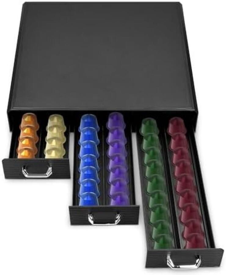 PolkaHome Koffiecup Houder met 3 Lades – Ruimte voor 48 Capsules – Geschikt voor Nespresso & Andere Merken – Organizer in Stijlvol Zwart Design