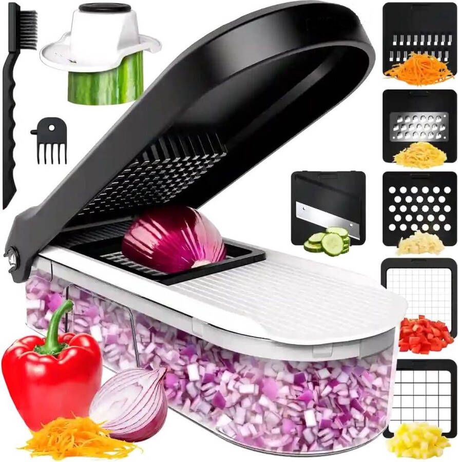 PolkaHome Snijmachine voor groenten groentesnijder handmatige groentensnijder voor uiensalades aardappelversnipperaar groentensnijder en hakmachine keukengereedschap en gadgets (6-in-1 compact wit)