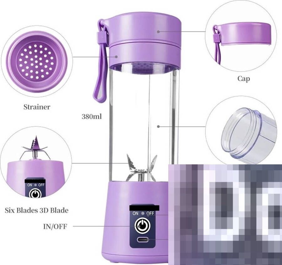 PolkaHome USB Elektrische Juicermixer Draagbare Blenderbeker Mini Blender Draagbare Blender Voor Shakes en Smoothies 380 ml Sap Zes Messen Geweldig om te Mengen(Light Purper)