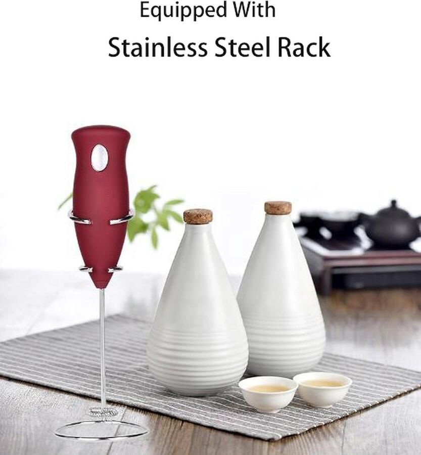 PomBoo Melkopschuimer Electrisch RVS Standaard Draadloos op batterij Afspoelbaar Bordeaux Rood