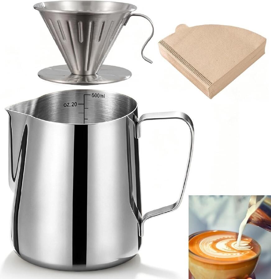 Pour Over Koffiezetapparaat Roestvrij Staal 600 ml Inclusief Melkopschuimkan en 100 Papieren Filters Voor Thuis Kantoor en Camping