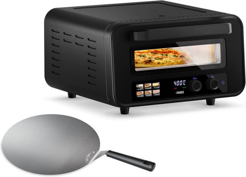 Princess 112780 Pizza Oven Pro Max Tot 400°C 2100W 15 Liter Elektrische Pizzaoven 30cm Tafelmodel Inclusief Natuurstenen Pizzasteen- Digitale bediening Binnen & Buitengebruik Zwart