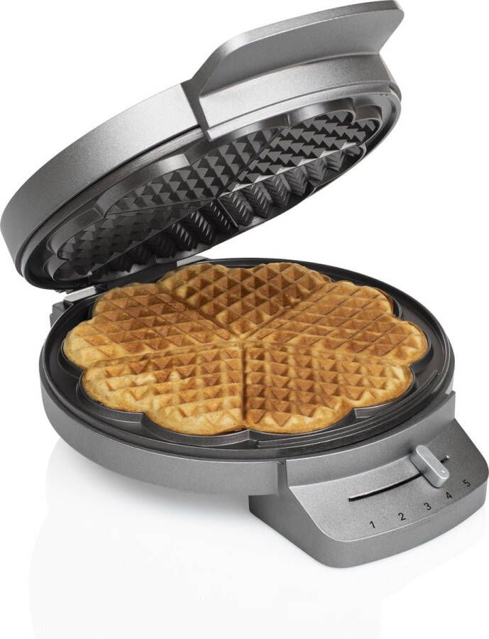 Princess 132380 Wafelijzer – 5 hartvormige wafels 1200W Regelbare thermostaat – 5 standen Anti aanbaklaag PFAS-vrij Zilver Gaufrier