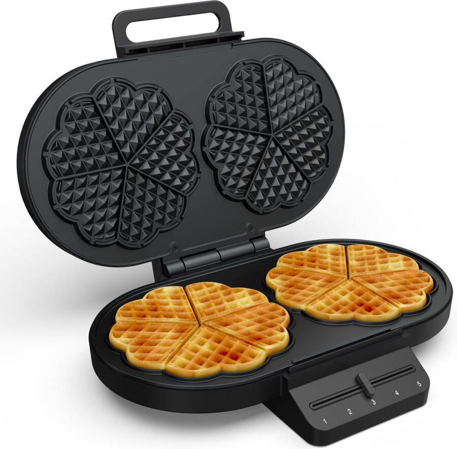 Princess 132384 Dubbel Wafelijzer 10 hartwafels per sessie 1200 Watt Regelbare thermostaat- 5 standen Anti aanbaklaag PFas vrij Zwart Cool touch handvatten Indicatielampje