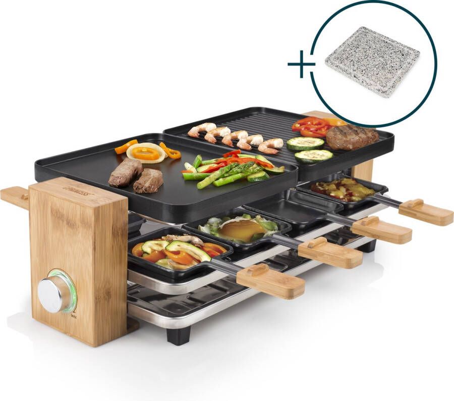 Princess 162955 Raclette en Steengrill Pure 8 Bamboe Regelbare thermostaat 1300W 2 grillplaten en extra Steengrill 8 pannetjes 2 meter snoer Parking deck voor ongebruikte pannetjes