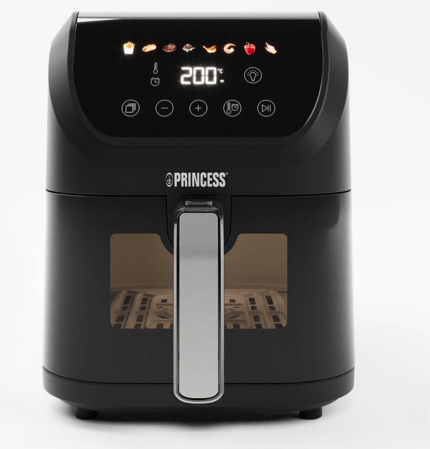 Princess Airfryer XL 182240 5.5L Compacte Digitale Heteluchtfriteuse PFAS vrij Transparant Kijkvenster Touchscreen en 8 Programma's Slank Ontwerp en Vetvrij Koken 1500W Inclusief Grillrek Zwart