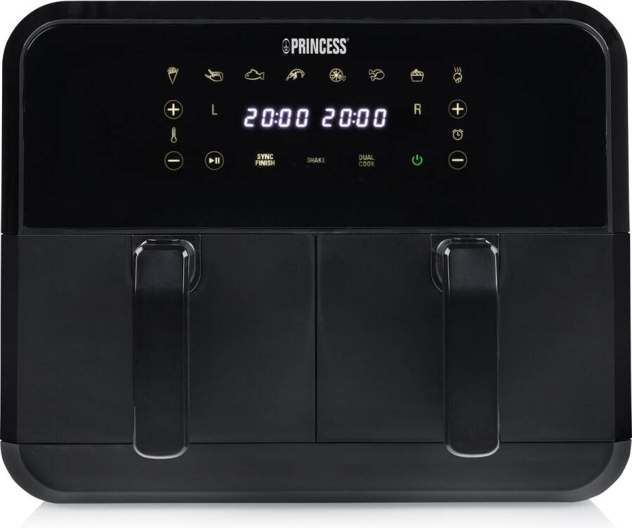 Princess Double Basket Airfryer 182068 Dubbele Airfryer 8 liter 2 manden XXL 8 programma s 2400W Dubbele heteluchtfriteuse PFAS vrij Touchscreen Zwart 80 °C tot 220°C Sync functie
