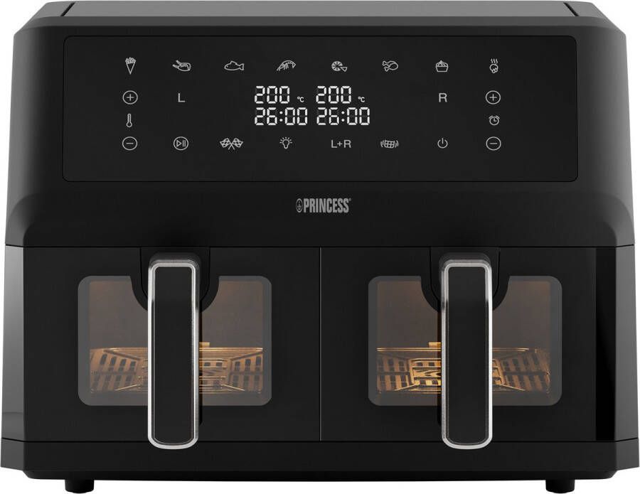 Princess Double Basket Airfryer 182276 Dubbele heteluchtfriteuse 11 liter 2 manden x 5 5liter Kijkvenster 8 voorgeprogrammeerde programma's PFas vrij Sync Functie Touchscreen Zwart