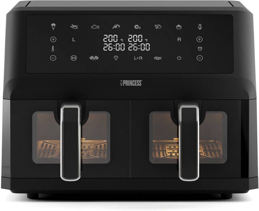 Princess Double Basket Airfryer 182276 Dubbele heteluchtfriteuse 2 manden x 5 5liter Kijkvenster 8 voorgeprogrammeerde programma's PFas vrij Sync Functie Touchscreen Zwart