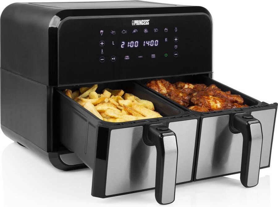 Princess Double Basket Airfryer 182074 Dubbele Airfryer 9 liter 2 manden XL 8 programma's- 2400W Dubbele heteluchtfriteuse PFAS vrij Touchscreen RVS Zwart Sync functie