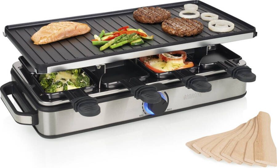 Princess Gourmetstel 162645 Raclette 8 Personen Regelbare thermostaat Extra lang snoer 2 meter Grill Deluxe Omkeerbare Bakplaat 8 pannen RVS