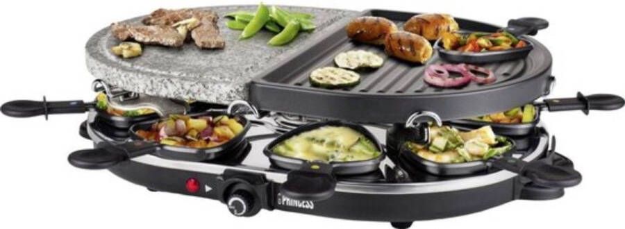 Princess Gourmetstel 162710 Raclette Oval Steengrill Party – Bakplaat en Steengrill – 8 personen 2 meter snoer Regelbare thermostaat 1200W 8 pannetjes