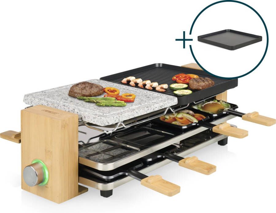 Princess 162955 Raclette en Steengrill Pure 8 Bamboe Regelbare thermostaat 1300W 2 grillplaten en extra Steengrill 8 pannetjes 2 meter snoer Parking deck voor ongebruikte pannetjes - Foto 2