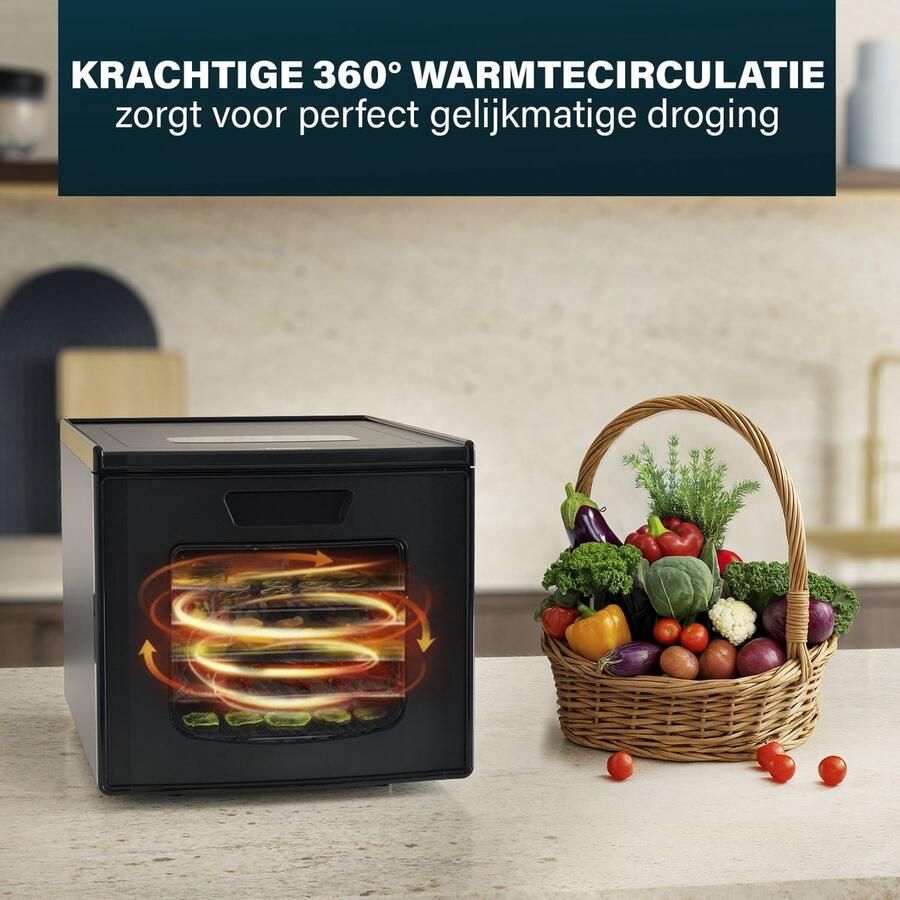 Princess 112398 Voedseldroger Droogoven Dehydrator 6 RVS drooglades 35C tot 75C LED display BPA-vrij Zwart Warmhoudfunctie Timer Geschikt voor Fruit Groente Kruiden en Vis